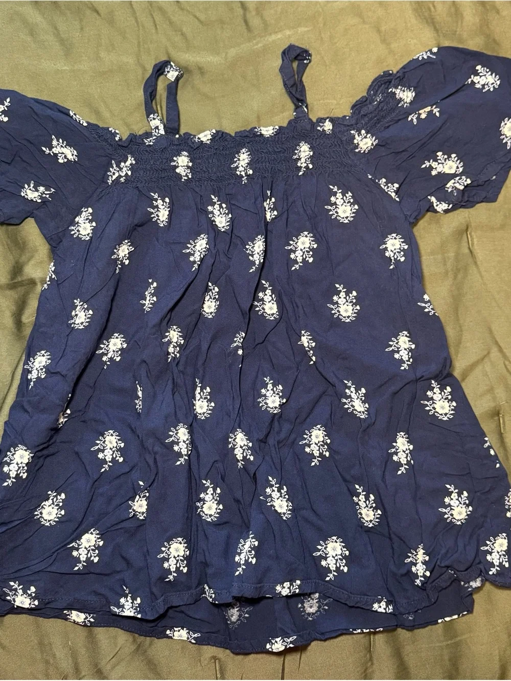Girls Navy Blue Floral Off-Shoulder Top